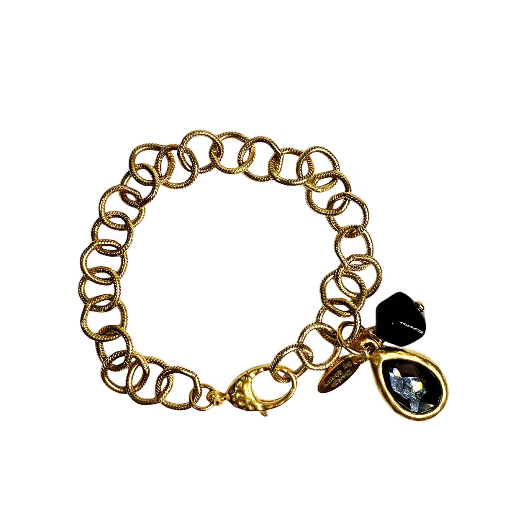 GOLD CHAIN BRACELET WITH BLACK ONYX AND CRYSTAL CHARMS