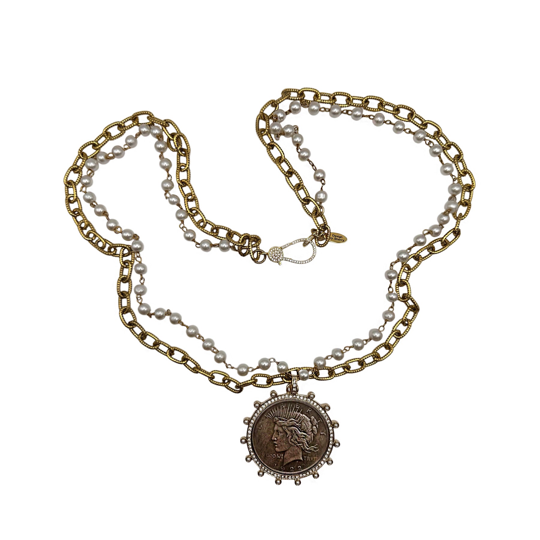 NATURAL PEARLS AND 12K GOLD CHAIN. NECKLACE WITH COIN AND PEARL PENDANT 16"