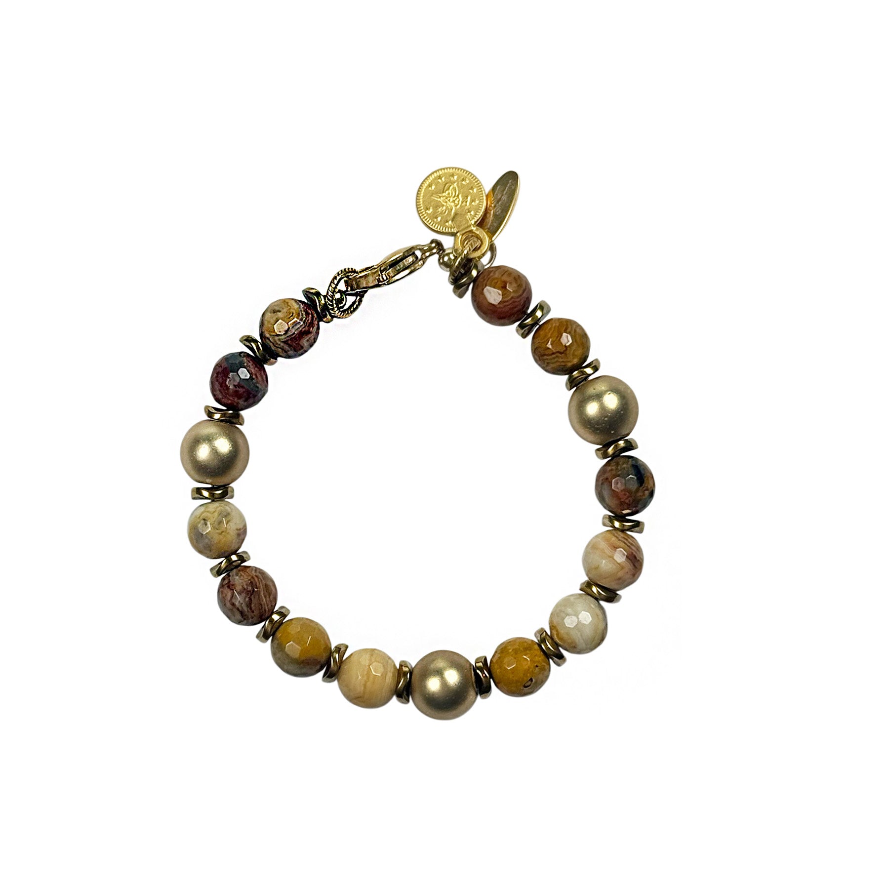 CRAZY LACE AGATE BRACELET WITH 12K GOLD CHARM