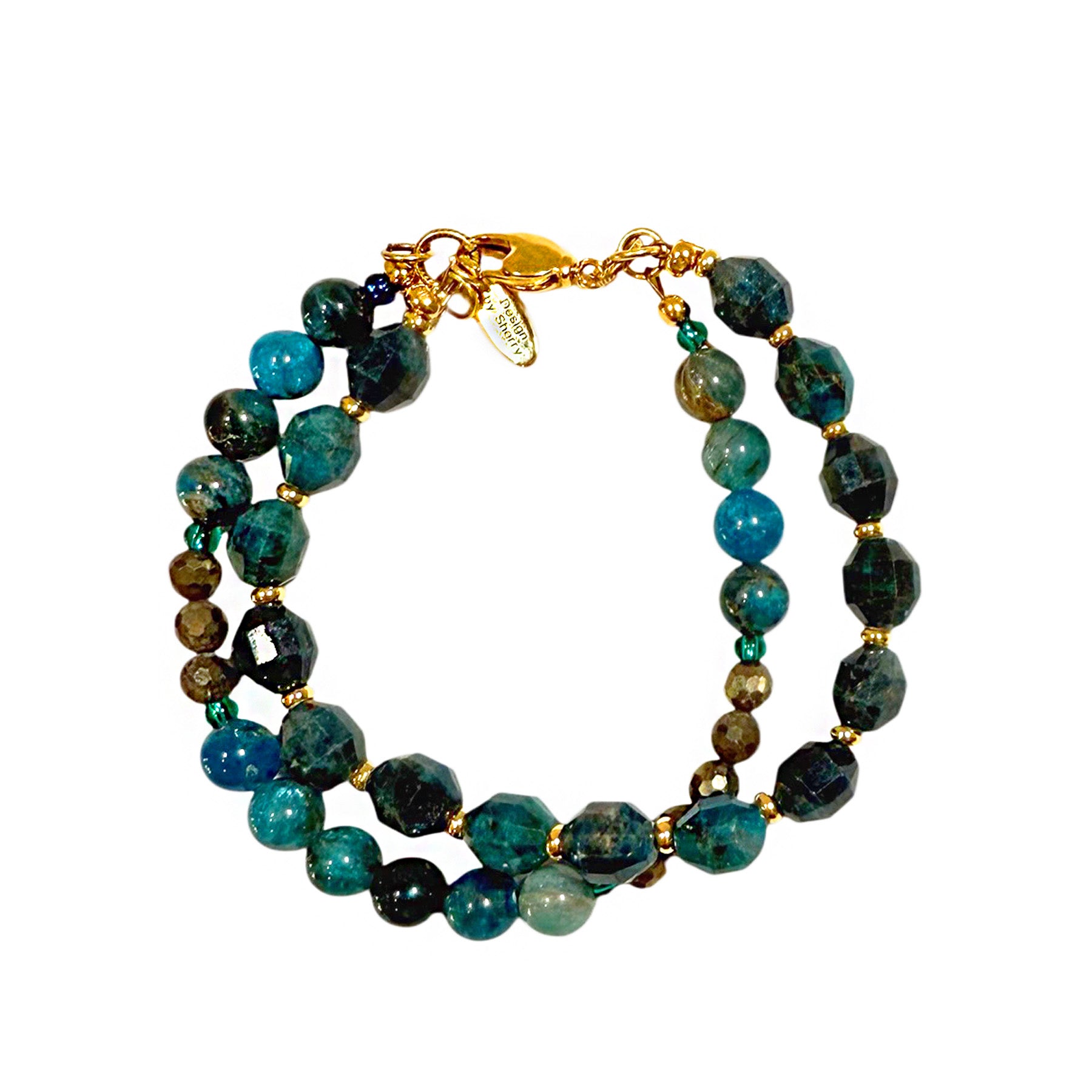DOUBLE STRAND BLUE APATITE BRACELET WITH PYRITE AND GOLD ACCENTS