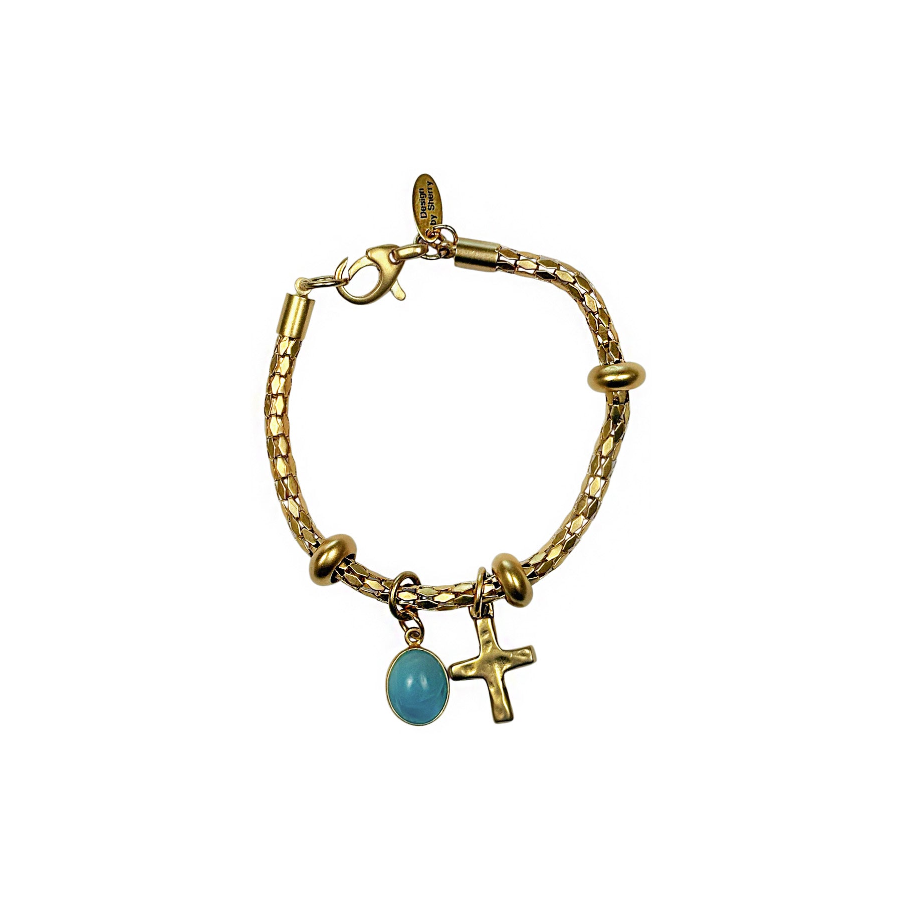 GOLD BRACELET WITH LARIMAR & 12K GOLD CROSS