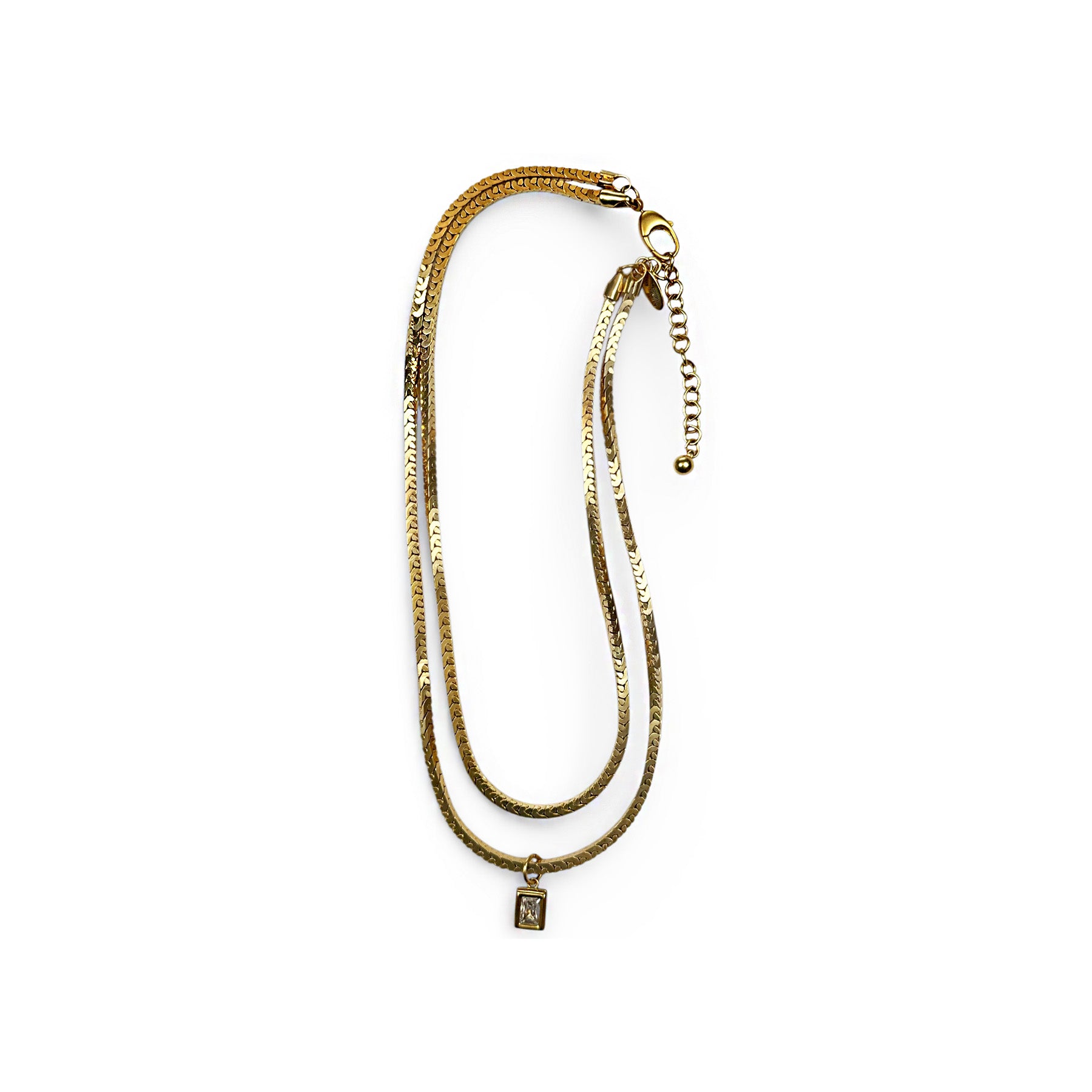 12K GOLD DOUBLE LAYER NECKLACE WITH 12K GOLD EMERALD SHAPE CZ CHARM