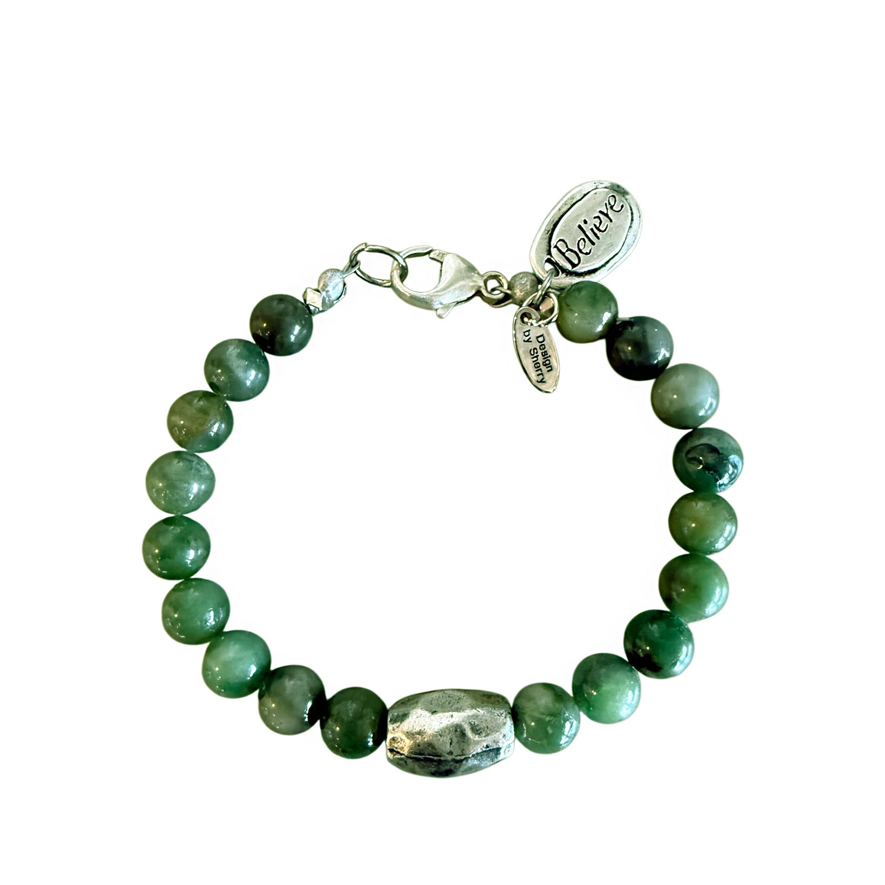 GREEN JADE BRACELET WITH SILVER BELIEVE CHARM