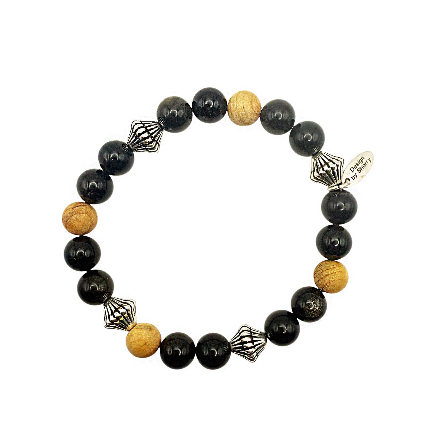 MEN'S BLACK ONYX WITH SANDALWOOD AND SILVER BRACELET