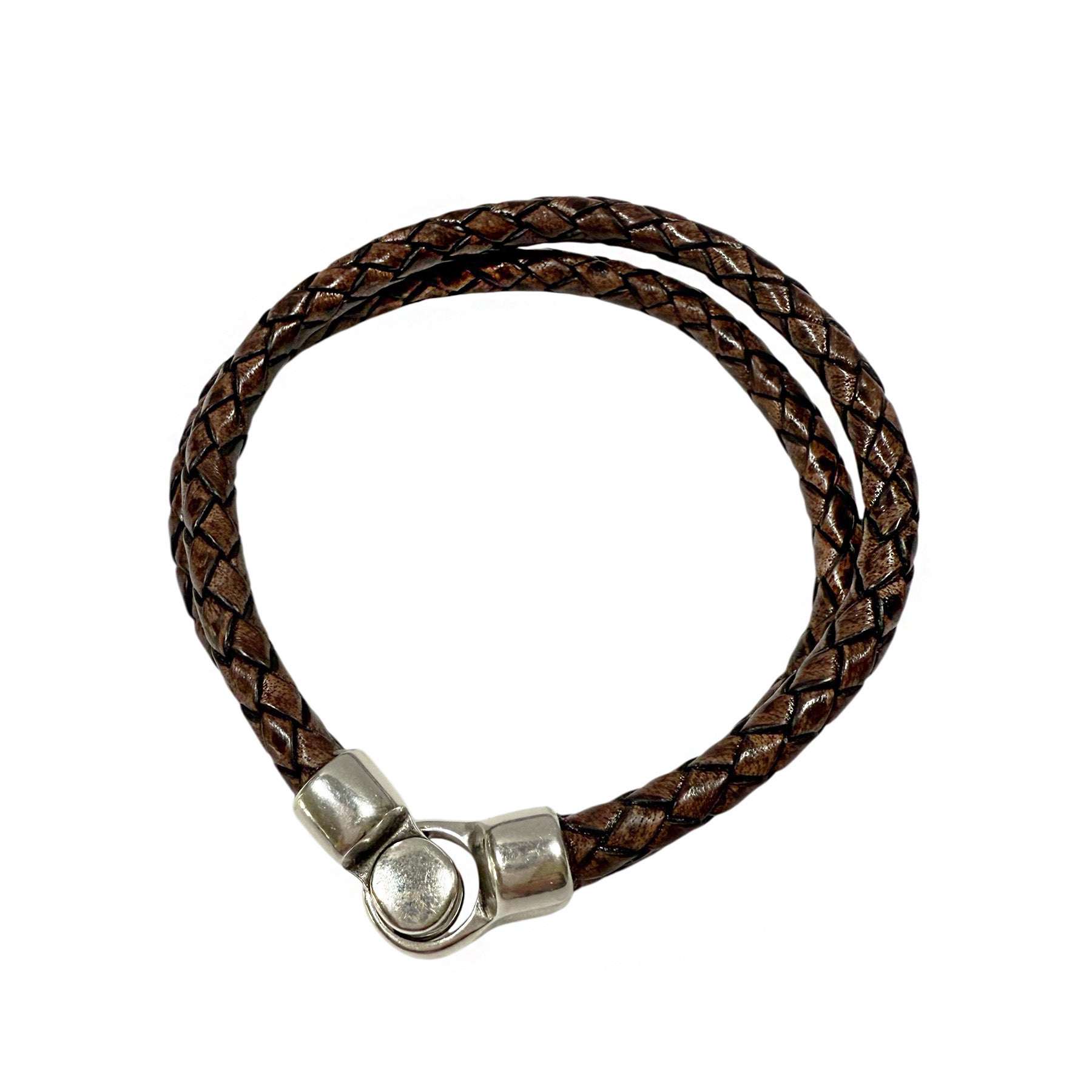 MEN'S DOUBLE BRAIDED LEATHER BRACELET WITH SILVER MAGNETIC CLASP