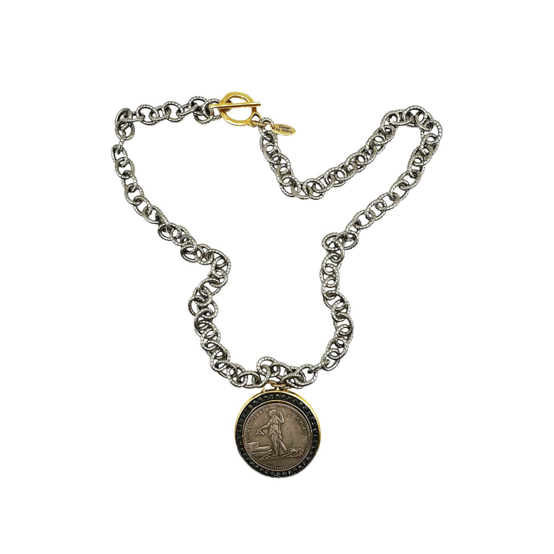 SILVER CHAIN NECKLACE WITH GOLD ACCENTS AND LARGE MIXED METAL PENDANT 14"