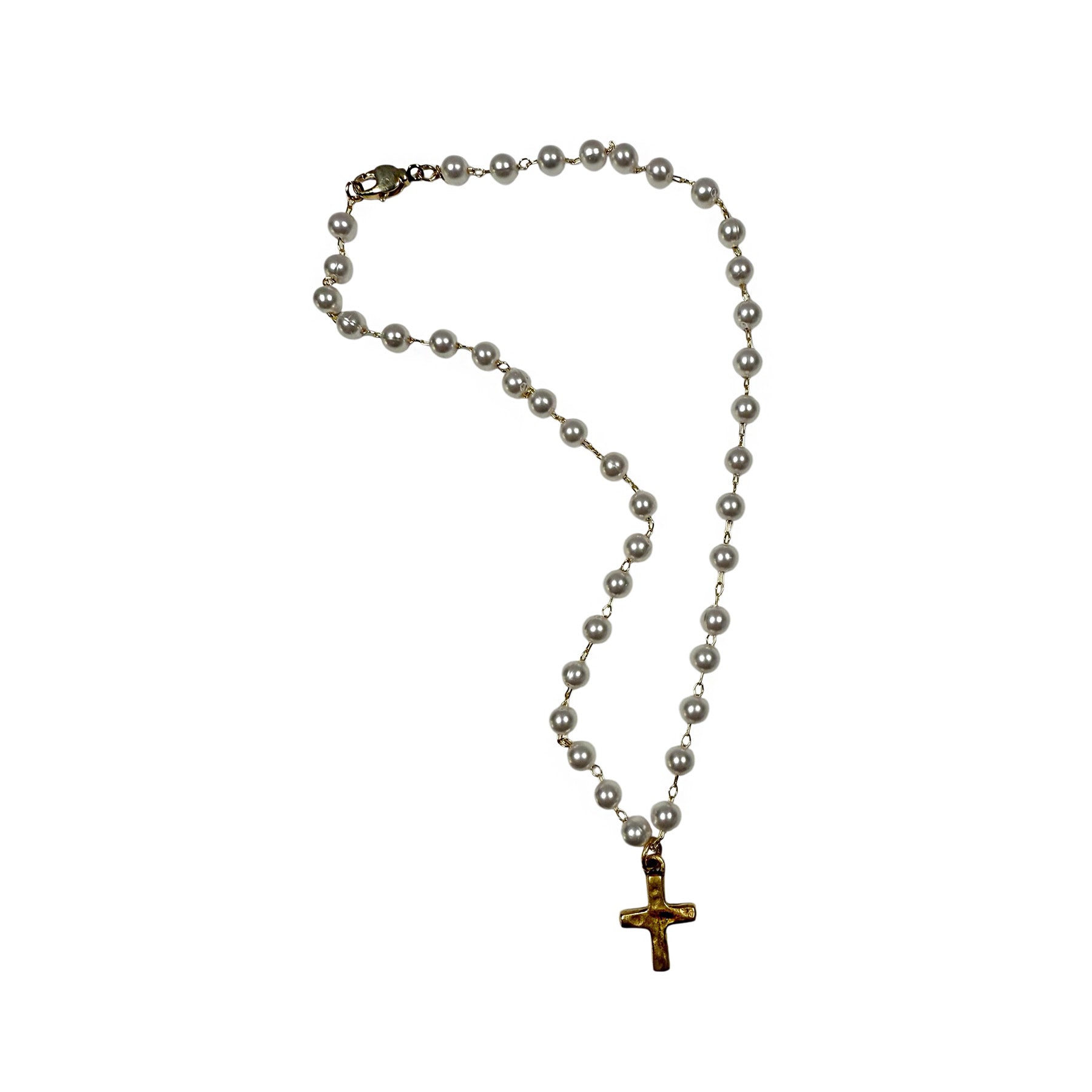 GOLD AND PEARL 15" NECKLACE WITH GOLD CROSS