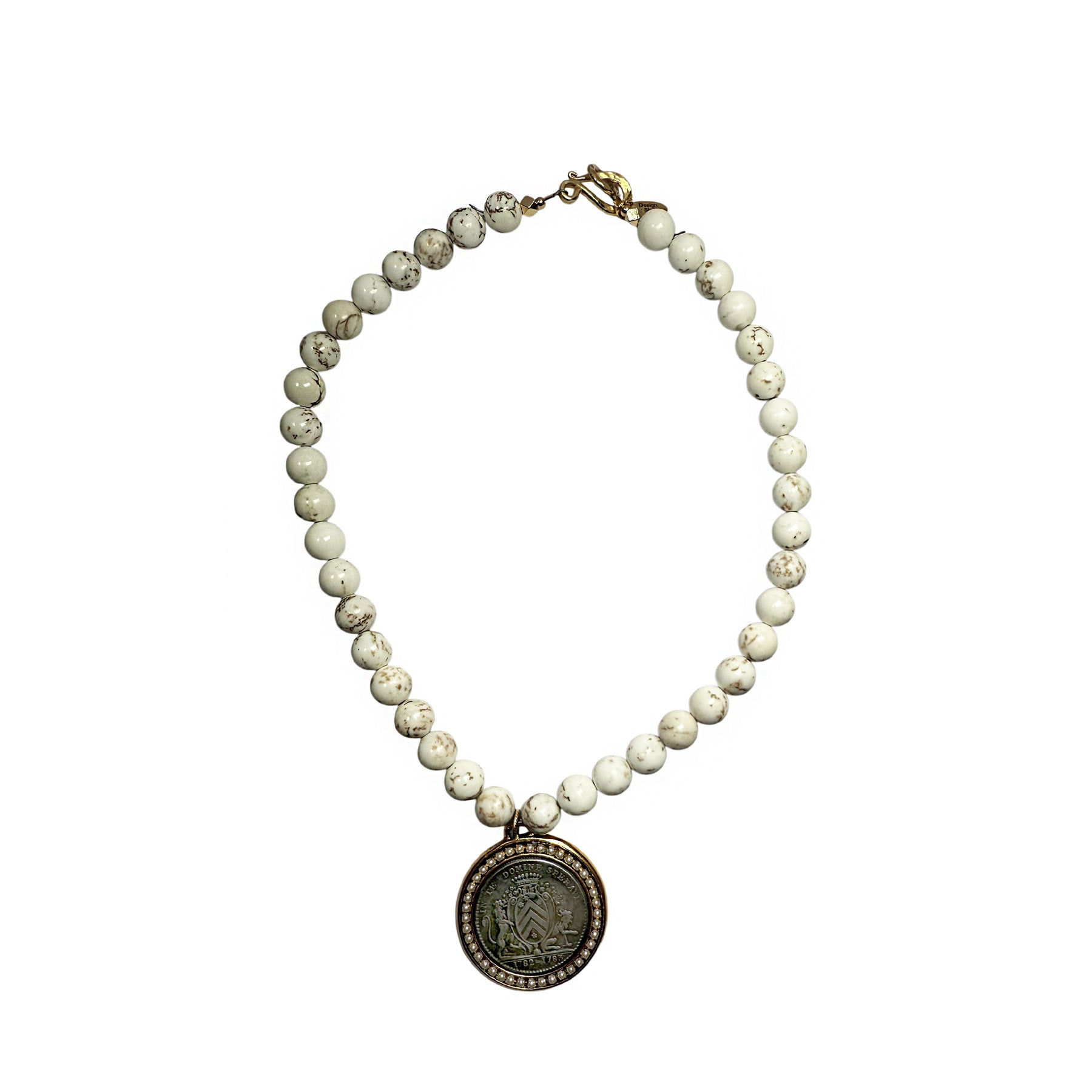 WHITE BUFFALO TURQUOISE 16" NECKLACE WITH MIXED METALS AND PEARLS FRENCH COIN PENDANT