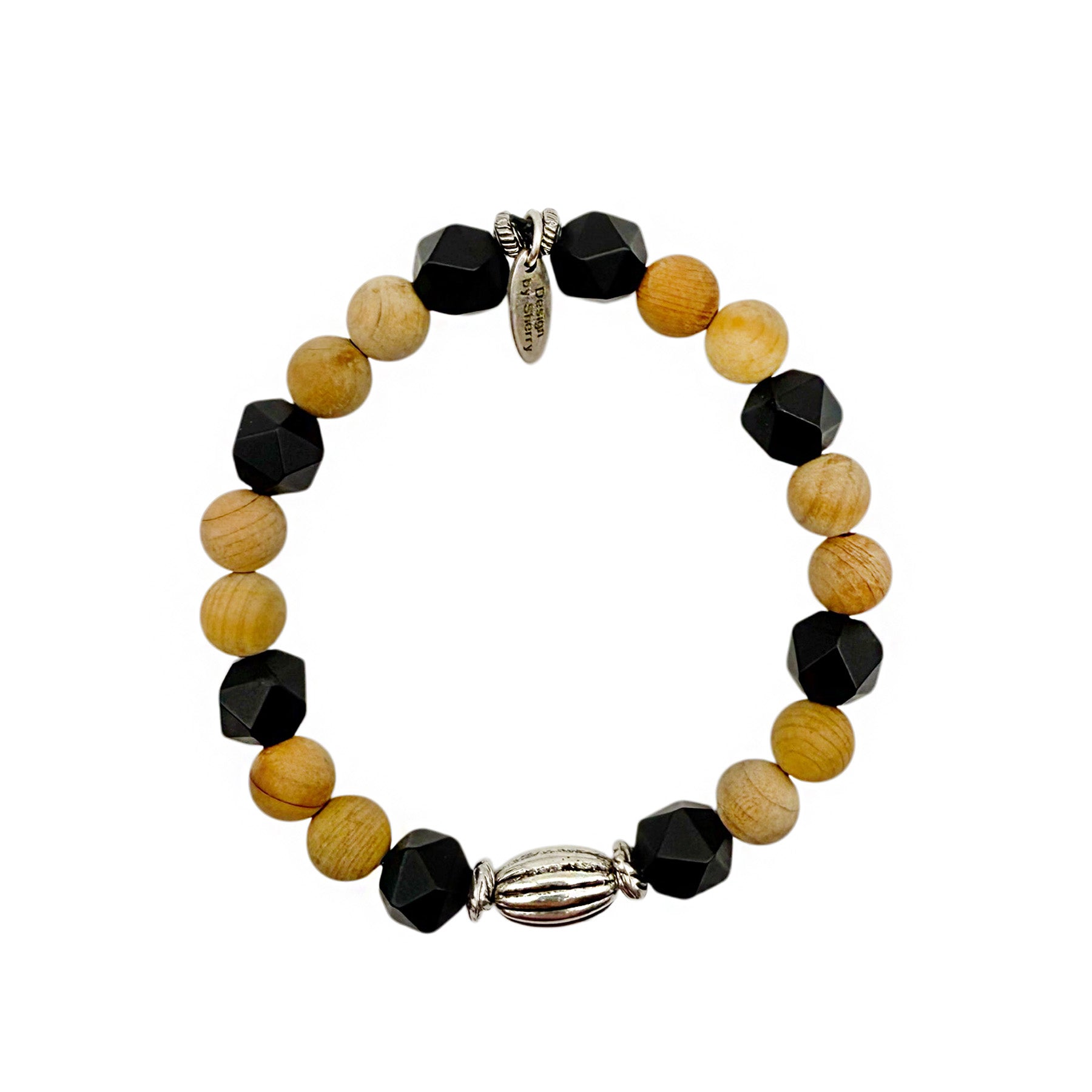 MEN'S BLACK ONYX WITH WOOD AND SILVER BRACELET