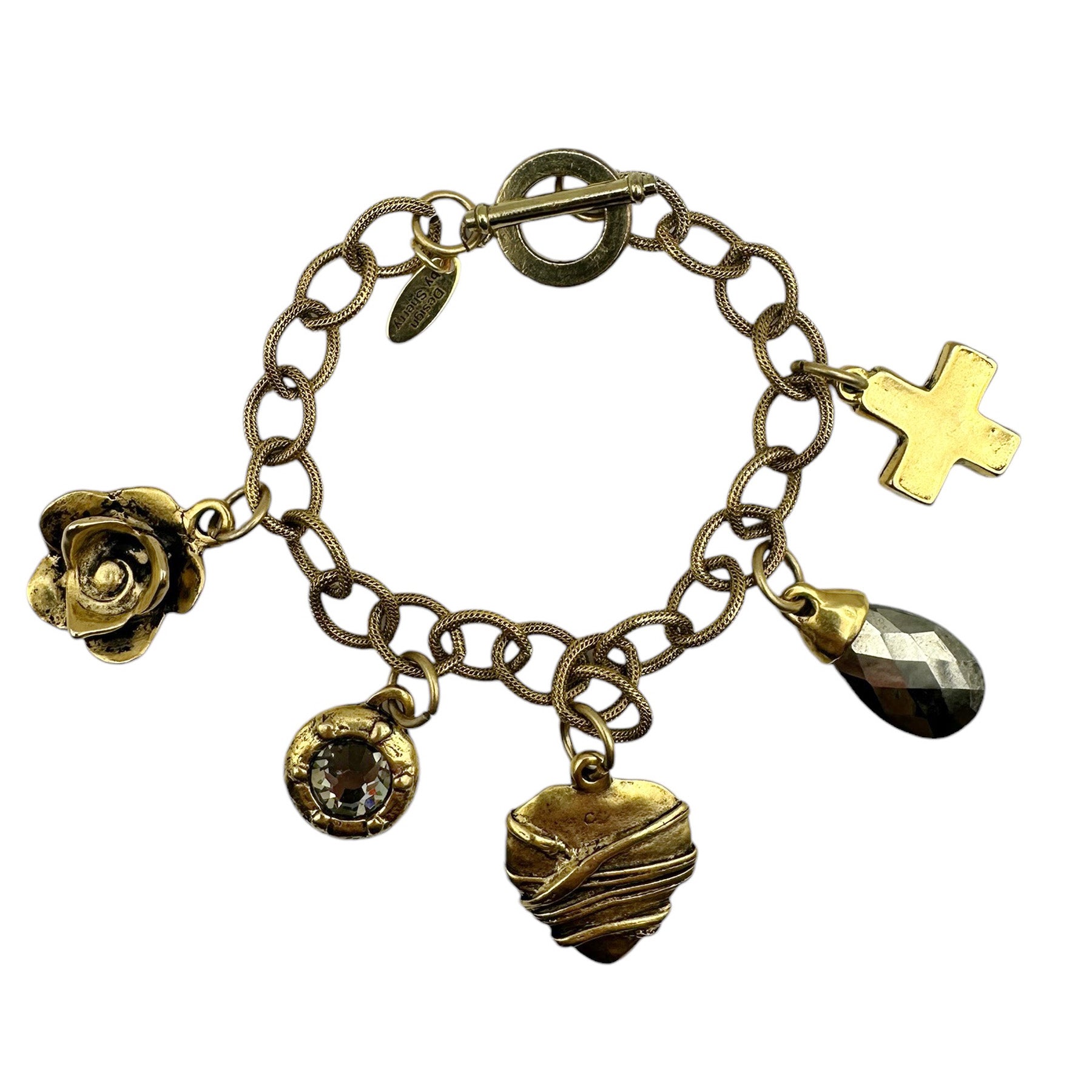 12K ANTIQUE GOLD CHAIN BRACELET WITH CHARMS