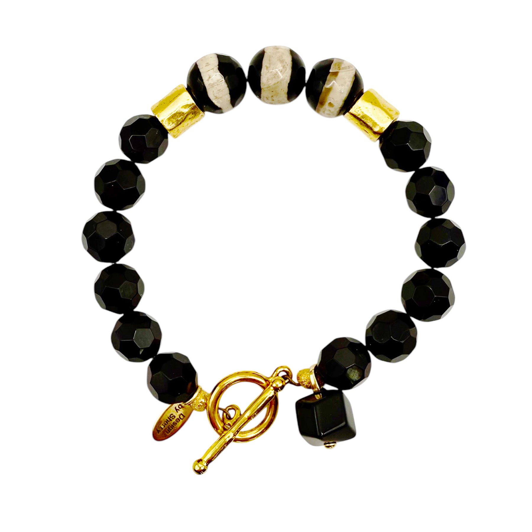 BLACK ONYX WITH GIRAFFE AGATE BRACELET WITH 12K