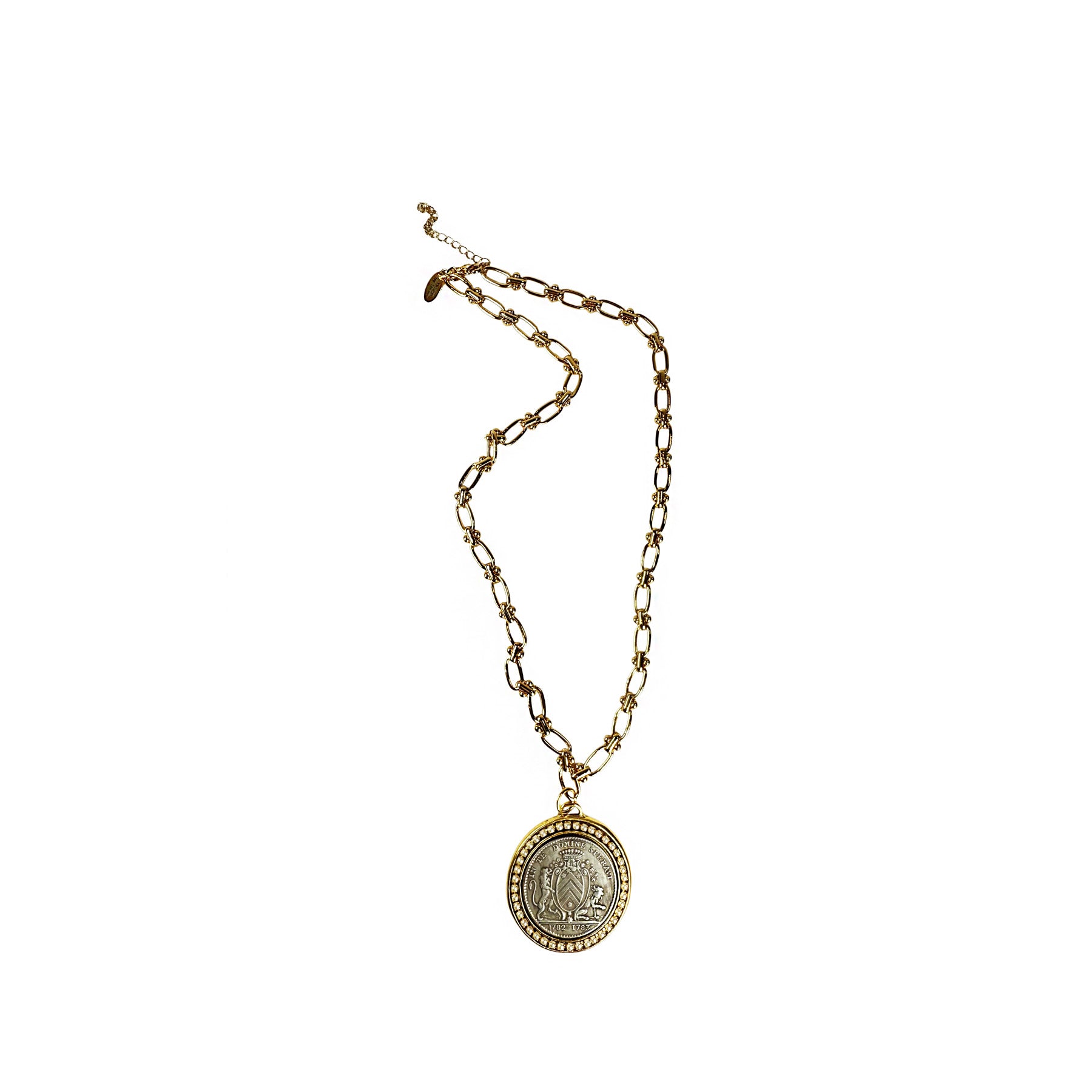 12K GOLD PAPERCLIP NECKLACE WITH MIXED METALS AND PEARLS FRENCH COIN PENDANT 16"