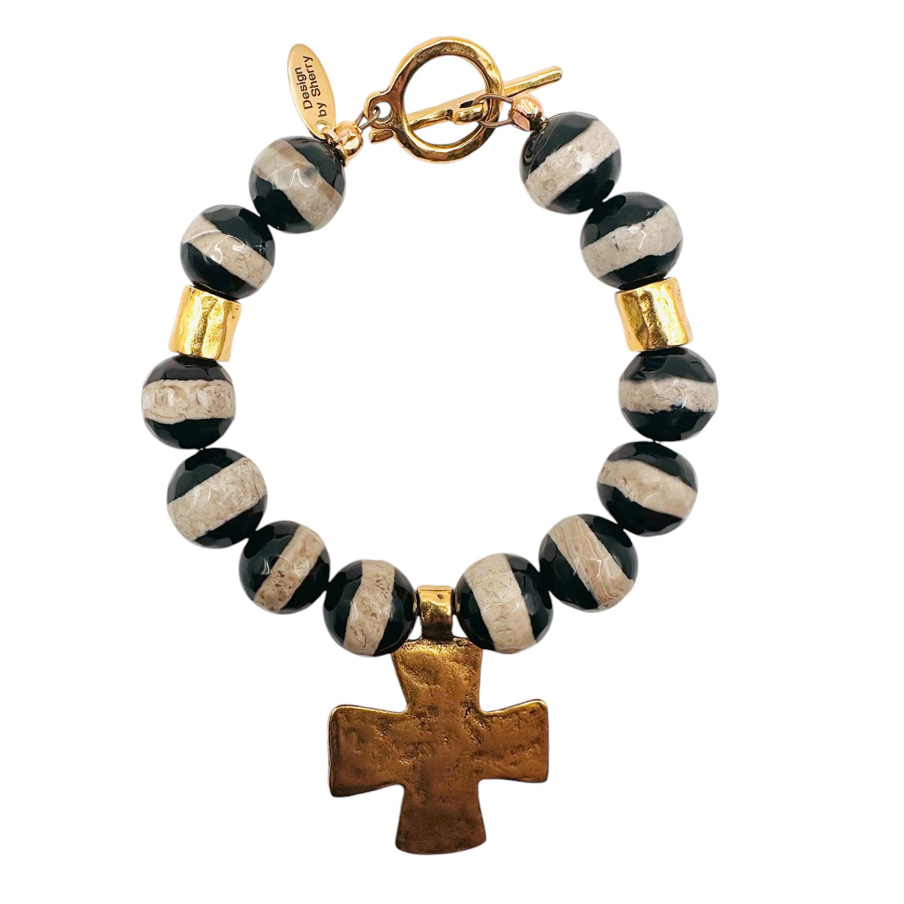 GIRAFFE AGATE BRACELET WITH ANTIQUE GOLD CROSS