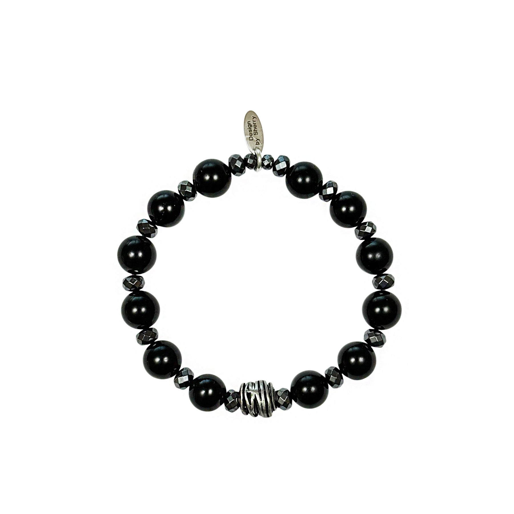 MEN'S OBSIDIAN & PYRITE STRETCH BRACELET WITH SILVER