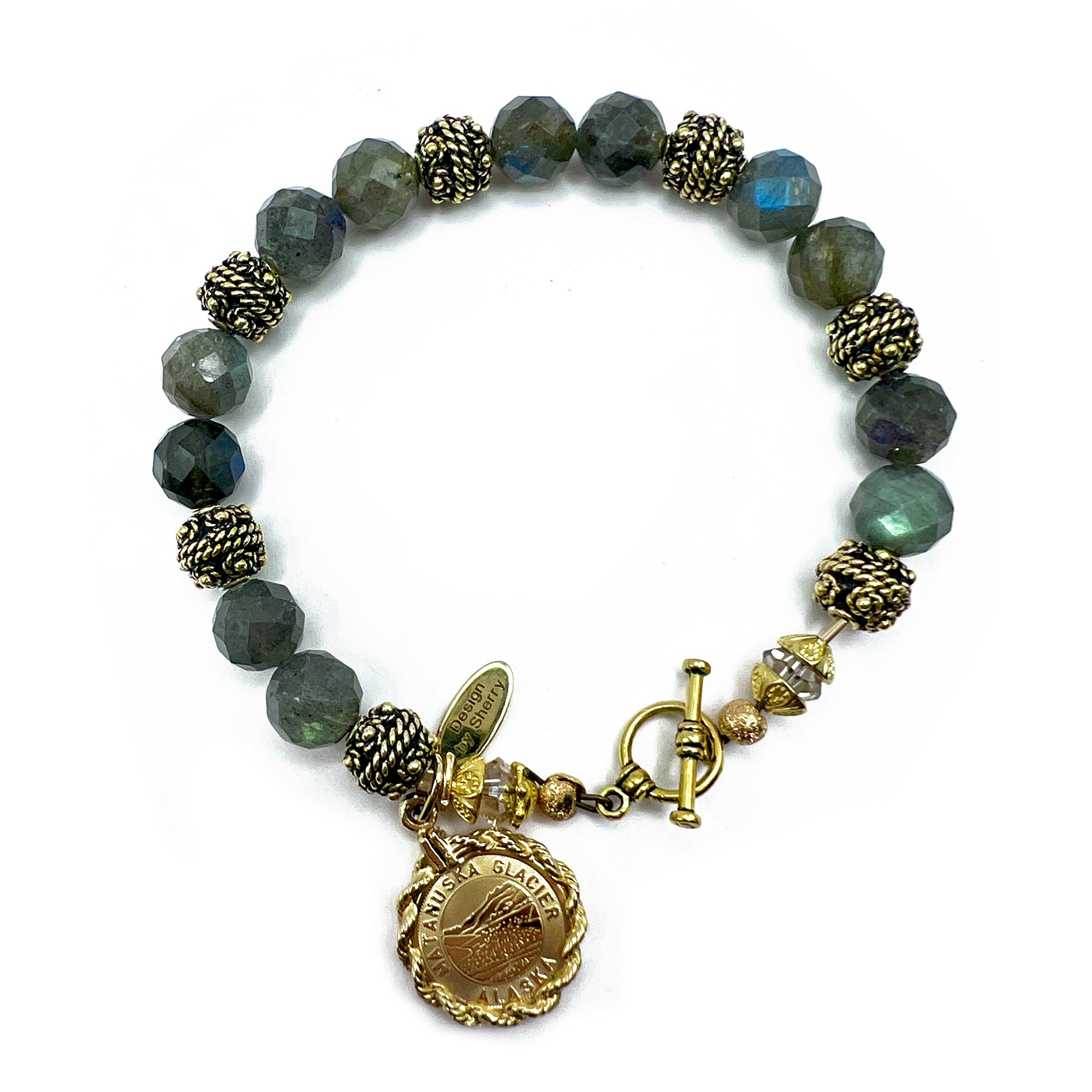 LABRADORITE BRACELET WITH GOLD CHARM