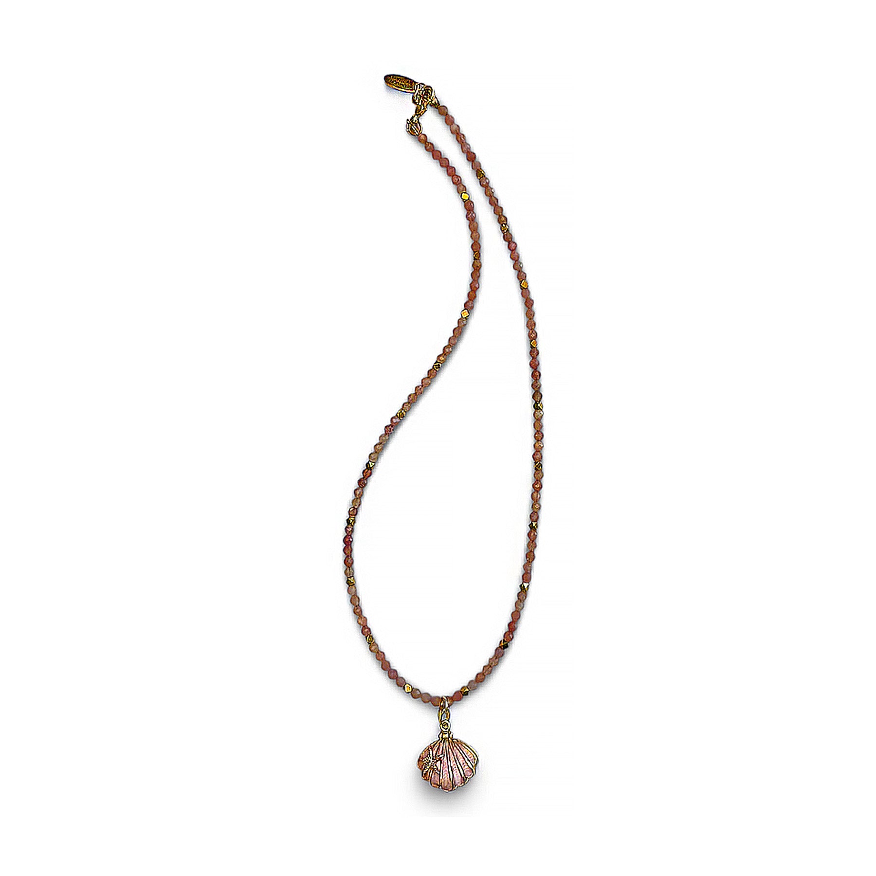 PEACH SUNSTONE & GOLD  16" NECKLACE WITH SEA SHELL LOCKET PENDANT