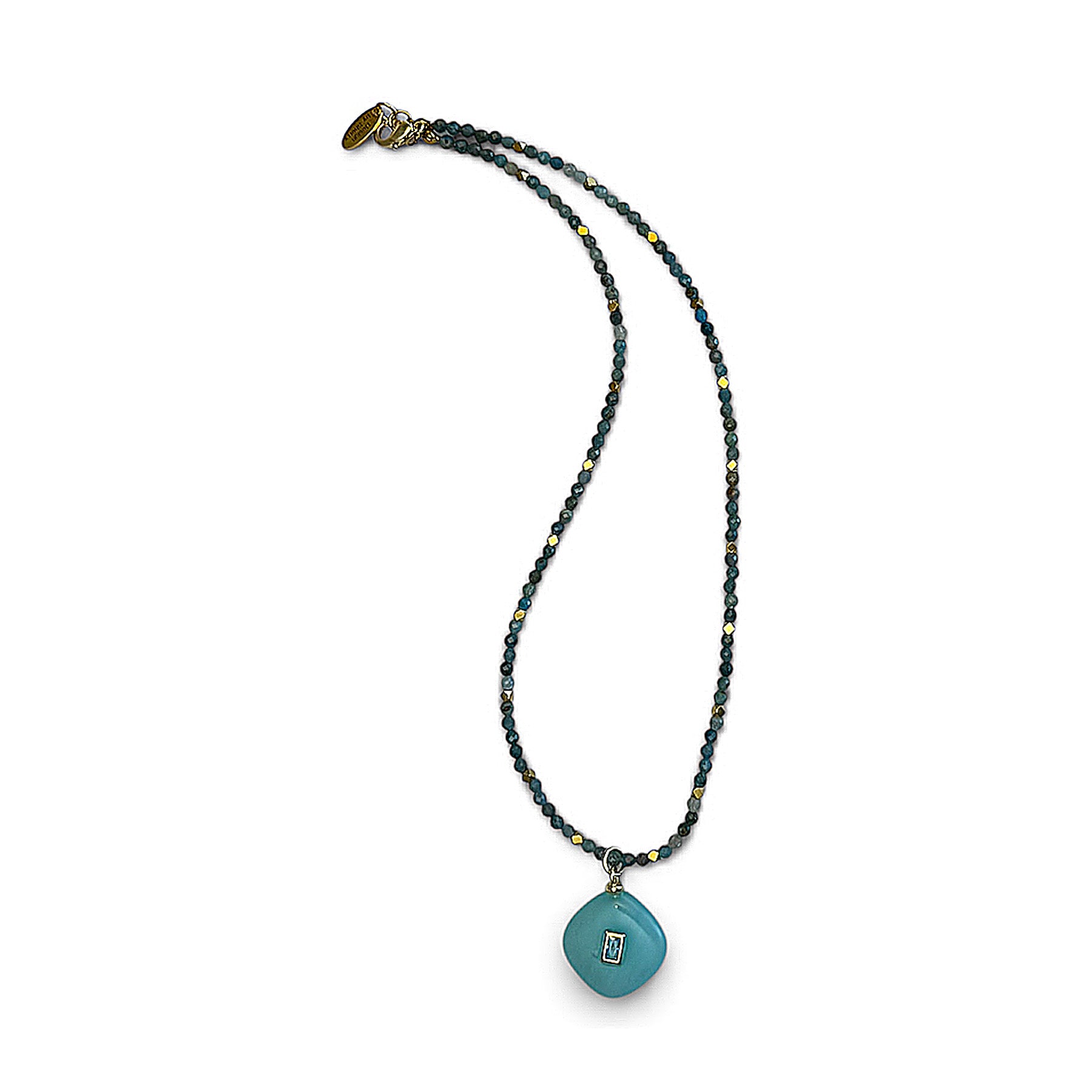BLUE APATITE & GOLD 16" NECKLACE WITH 18K GOLD FILLED 27mm BLUE ROMBUS CHARM
