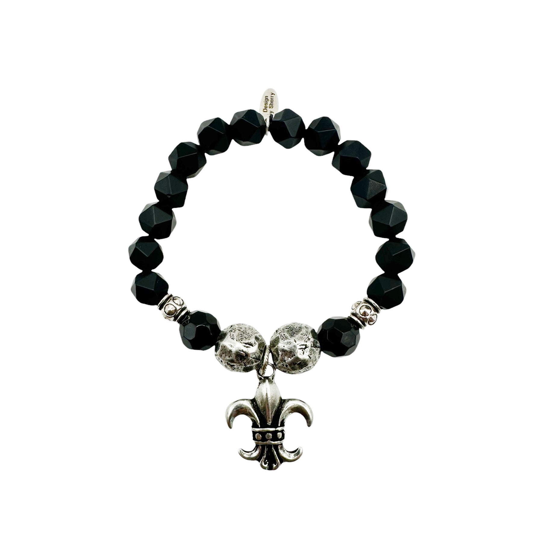 BLACK ONYX BRACELET WITH ANTIQUE SILVER CHARM