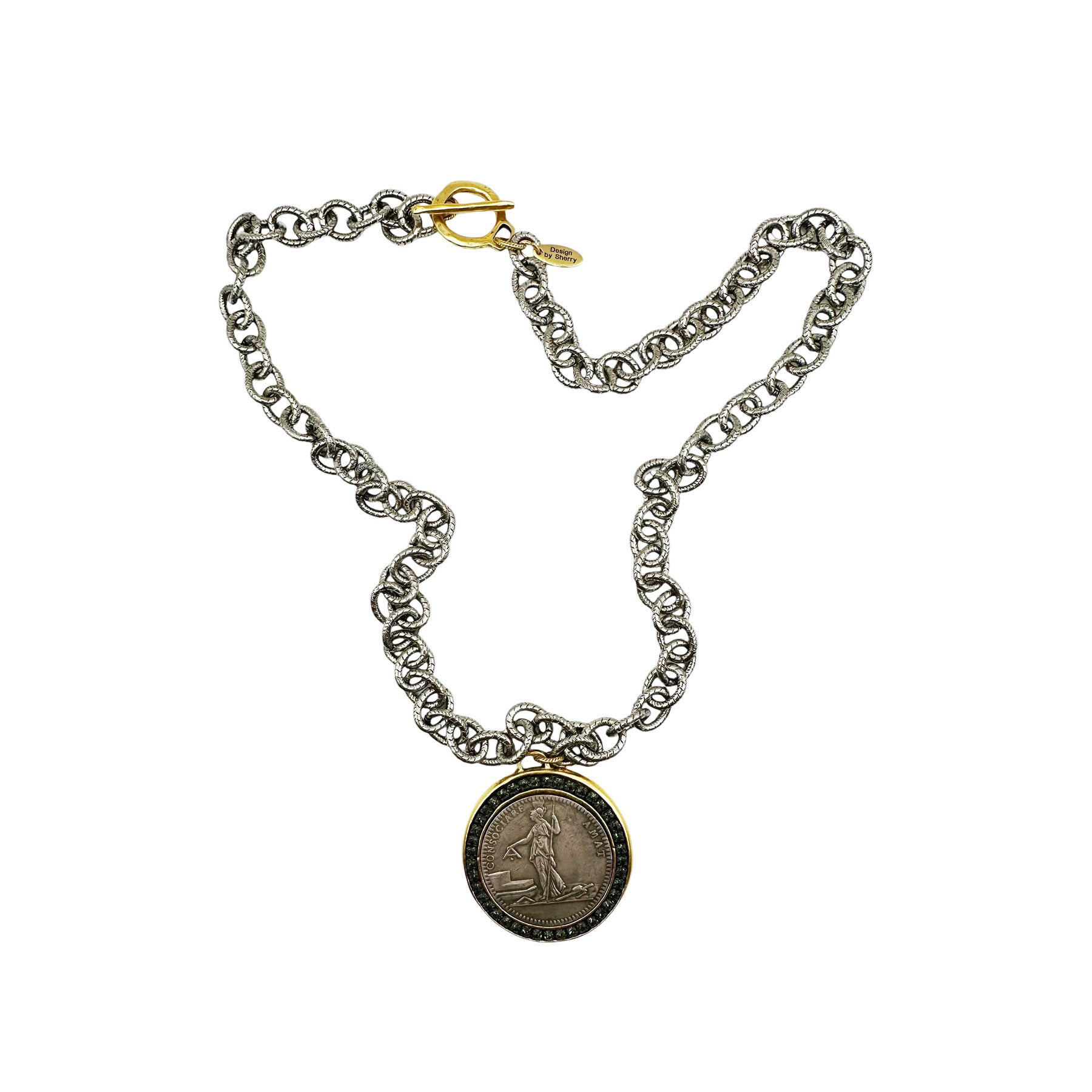 SILVER CHAIN NECKLACE WITH GOLD ACCENTS AND LARGE MIXED METAL PENDANT 14'