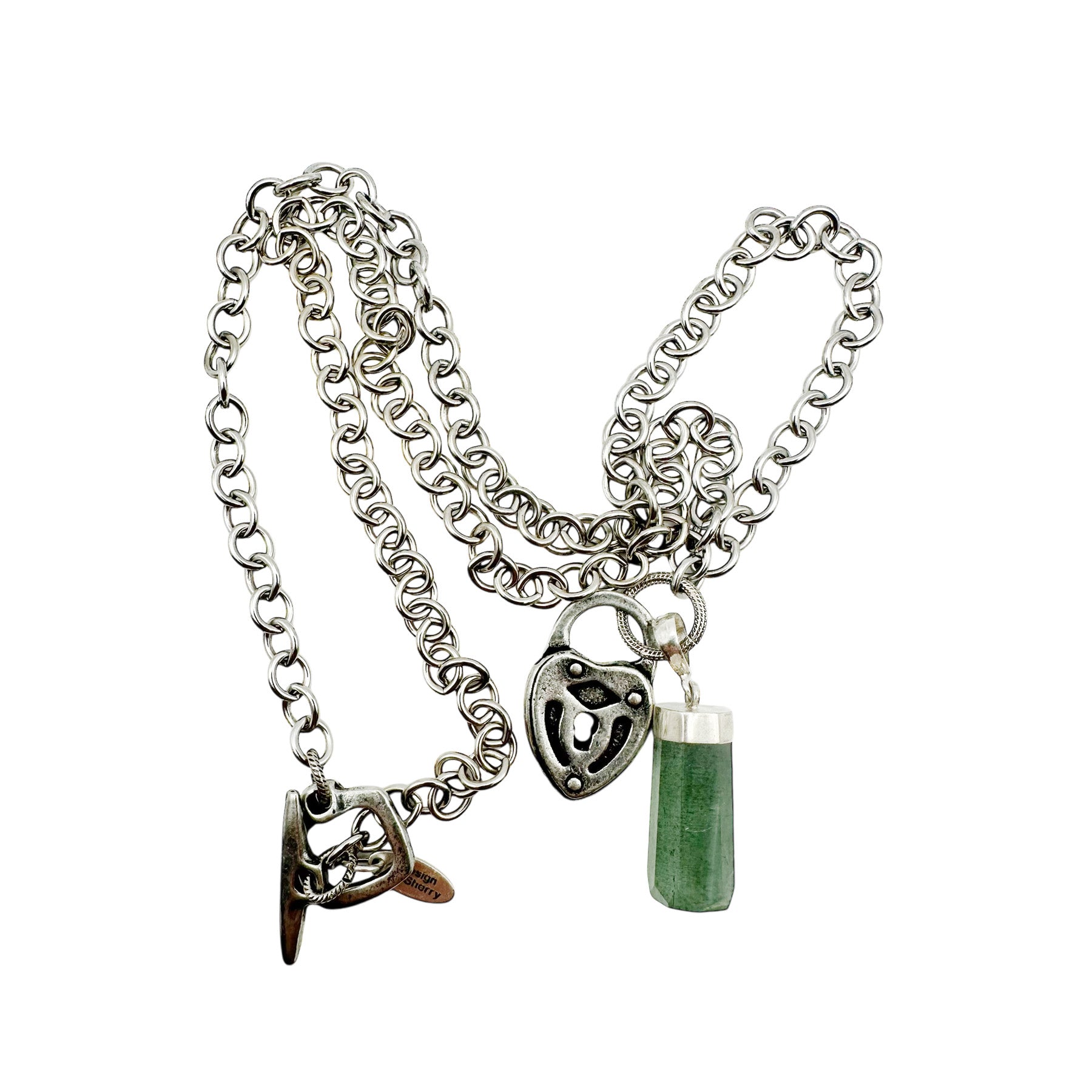 SILVER NECKLACE WITH TOURMALINE AND LOCK CHARM 14"