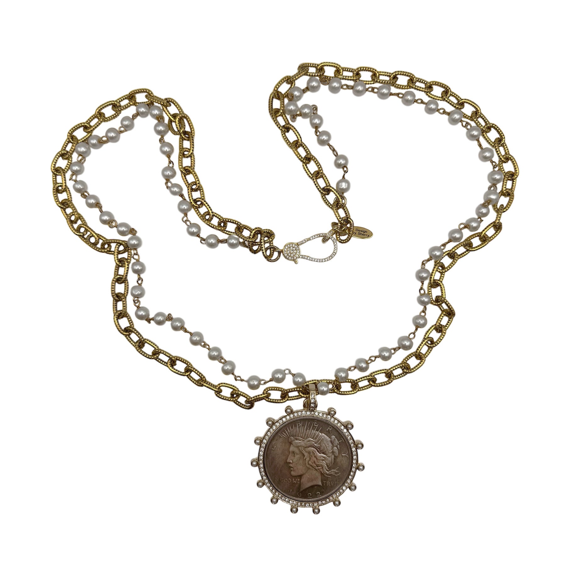 NATURAL PEARLS AND 12K GOLD CHAIN. NECKLACE WITH COIN AND PEARL PENDANT 16"