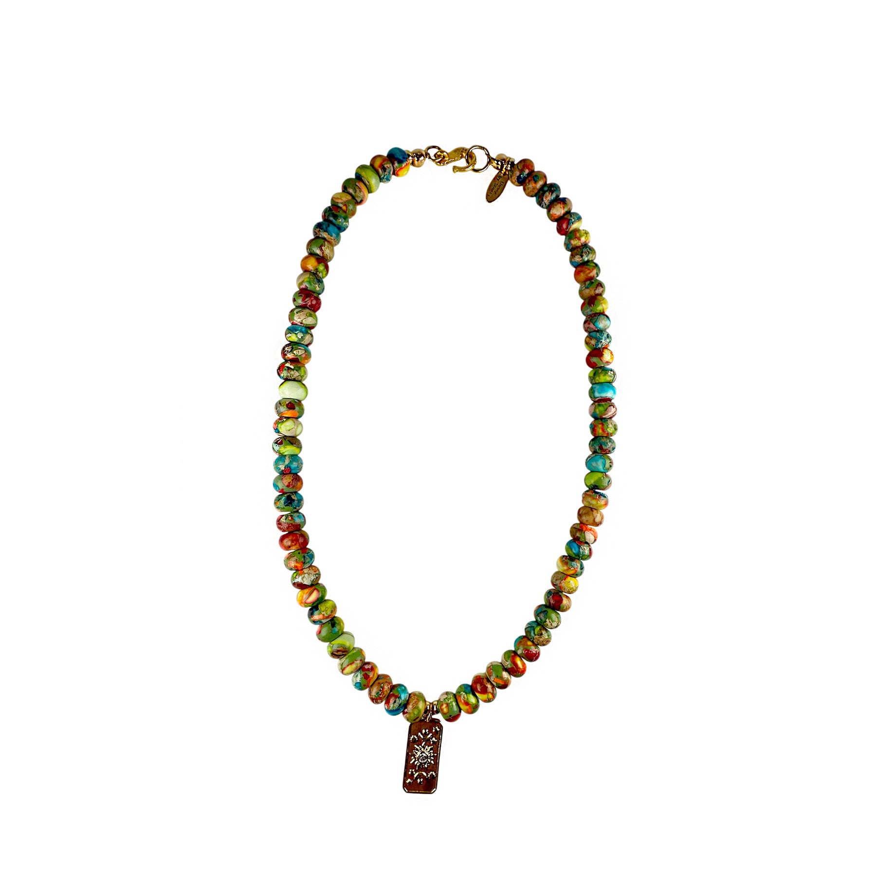 RAINBOW JASPER NECKLACE WITH GOLD PENDANT 16"