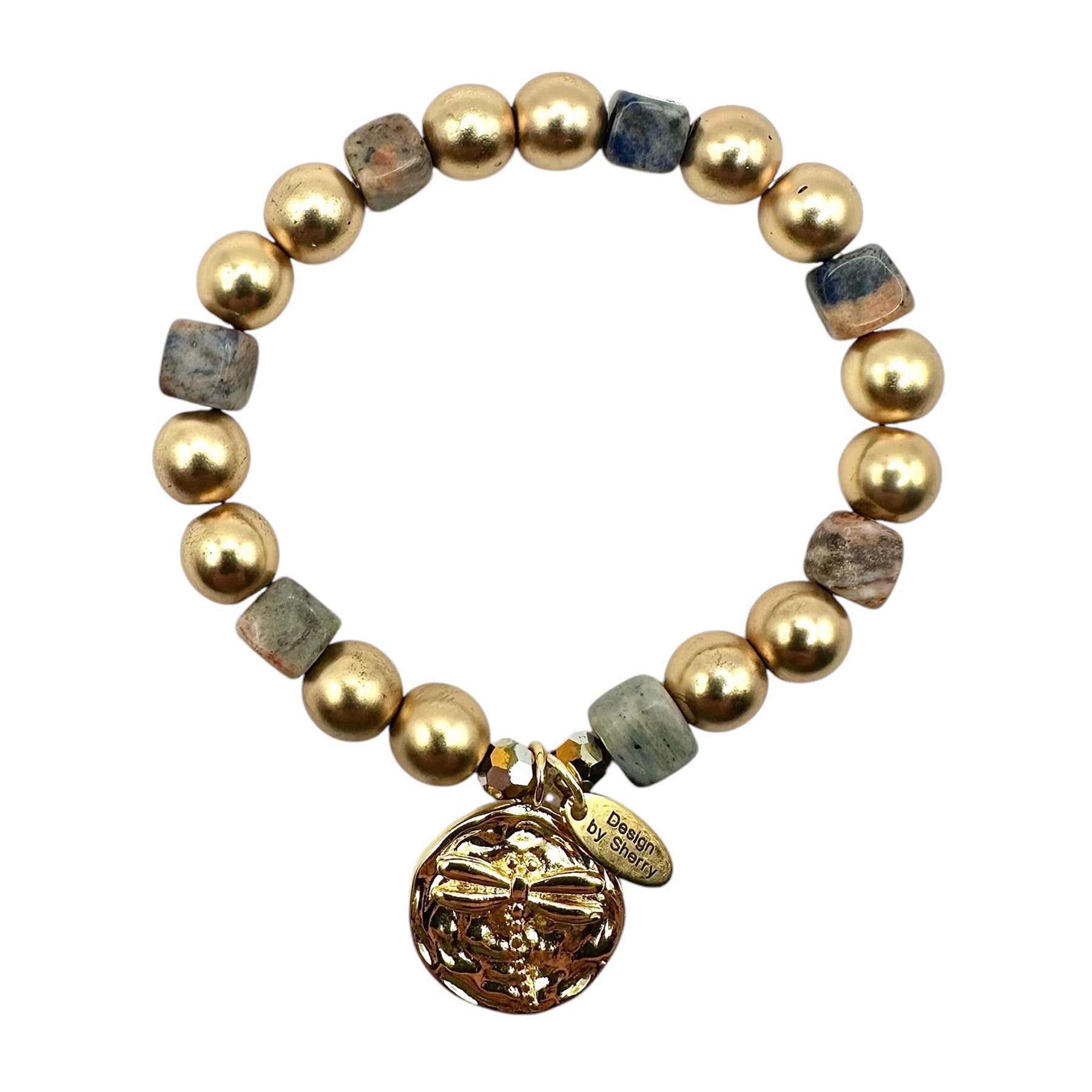 SODALITE AND GOLD BRACELET WITH GOLD CHARM