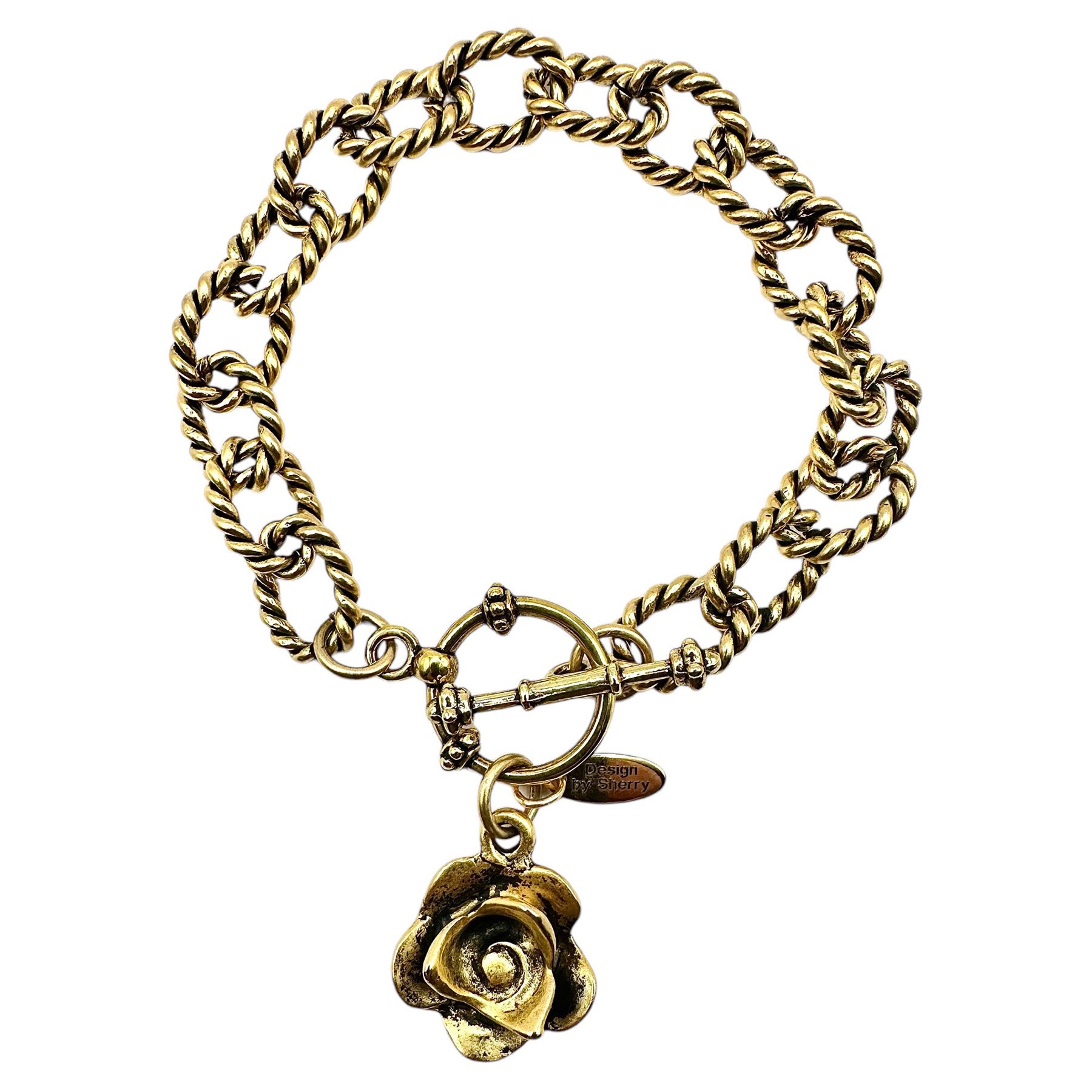 12 K ANTIQUE GOLD CHAIN BRACELET WITH ROSE CHARM